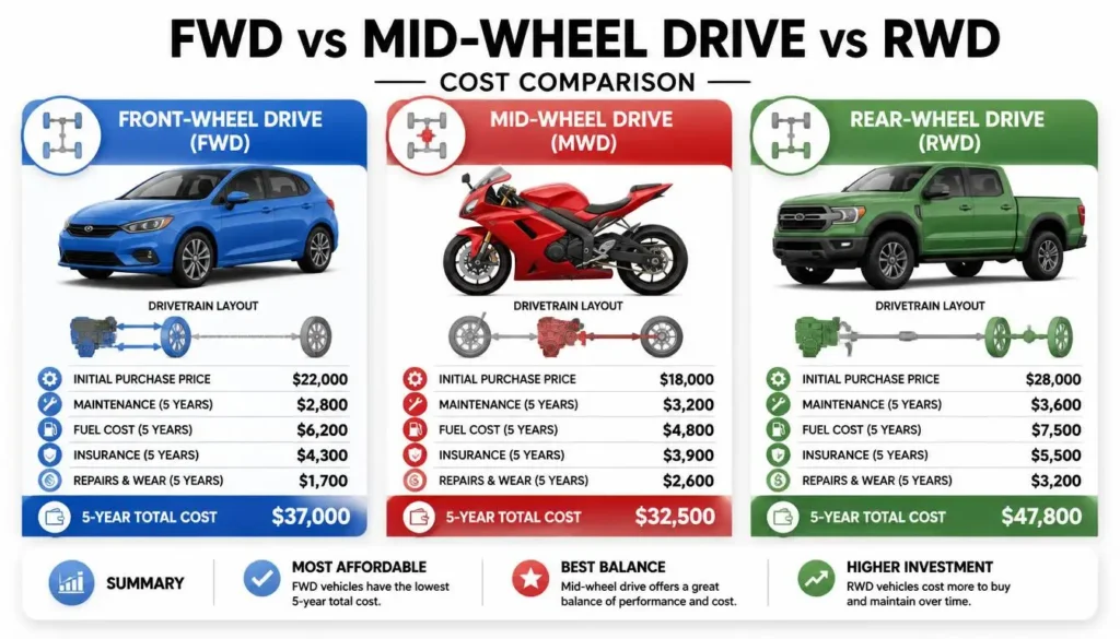 Front-Wheel vs Mid-Wheel vs Rear-Wheel Drive Costs